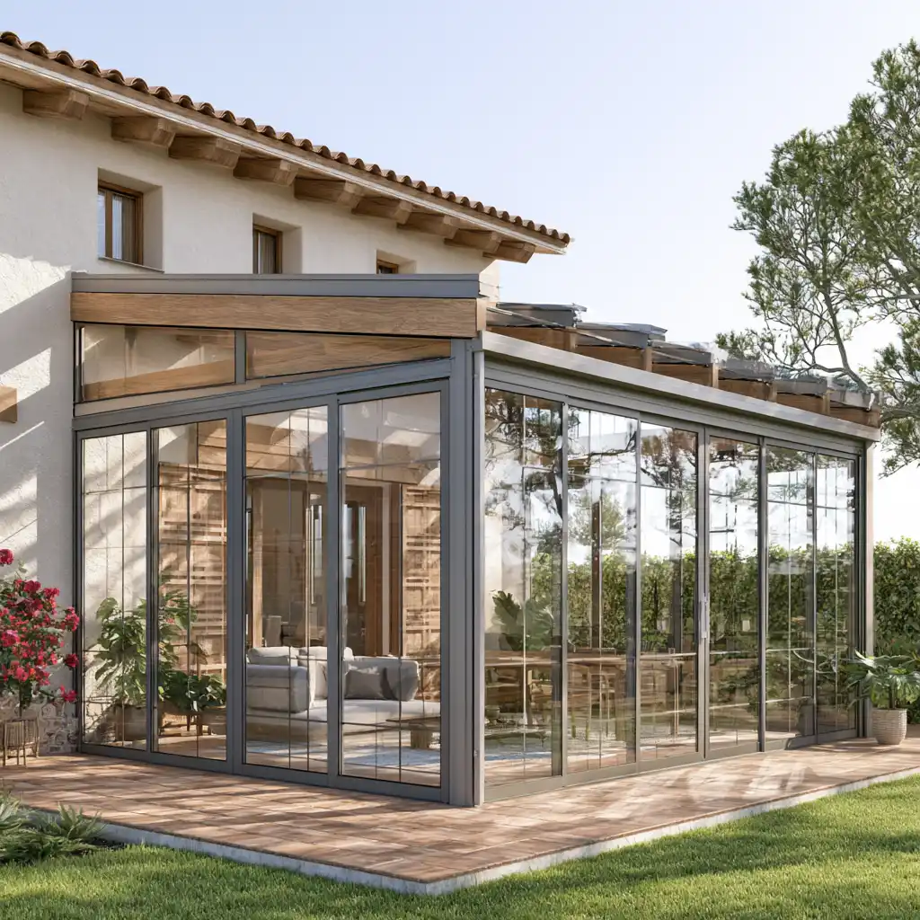 Cerramiento de cortinas de cristal plegables instalado en el porche de un chalet de Albacete