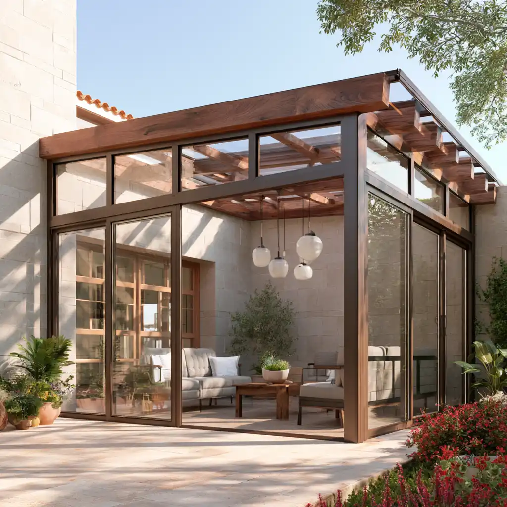 Cerramiento de terraza con estructura de madera y aluminio adosado a la fachada en Albacete