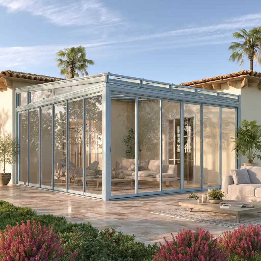 Cerramiento de aluminio y vidrio montado en el jardín de un chalet de la provincia de Albacete