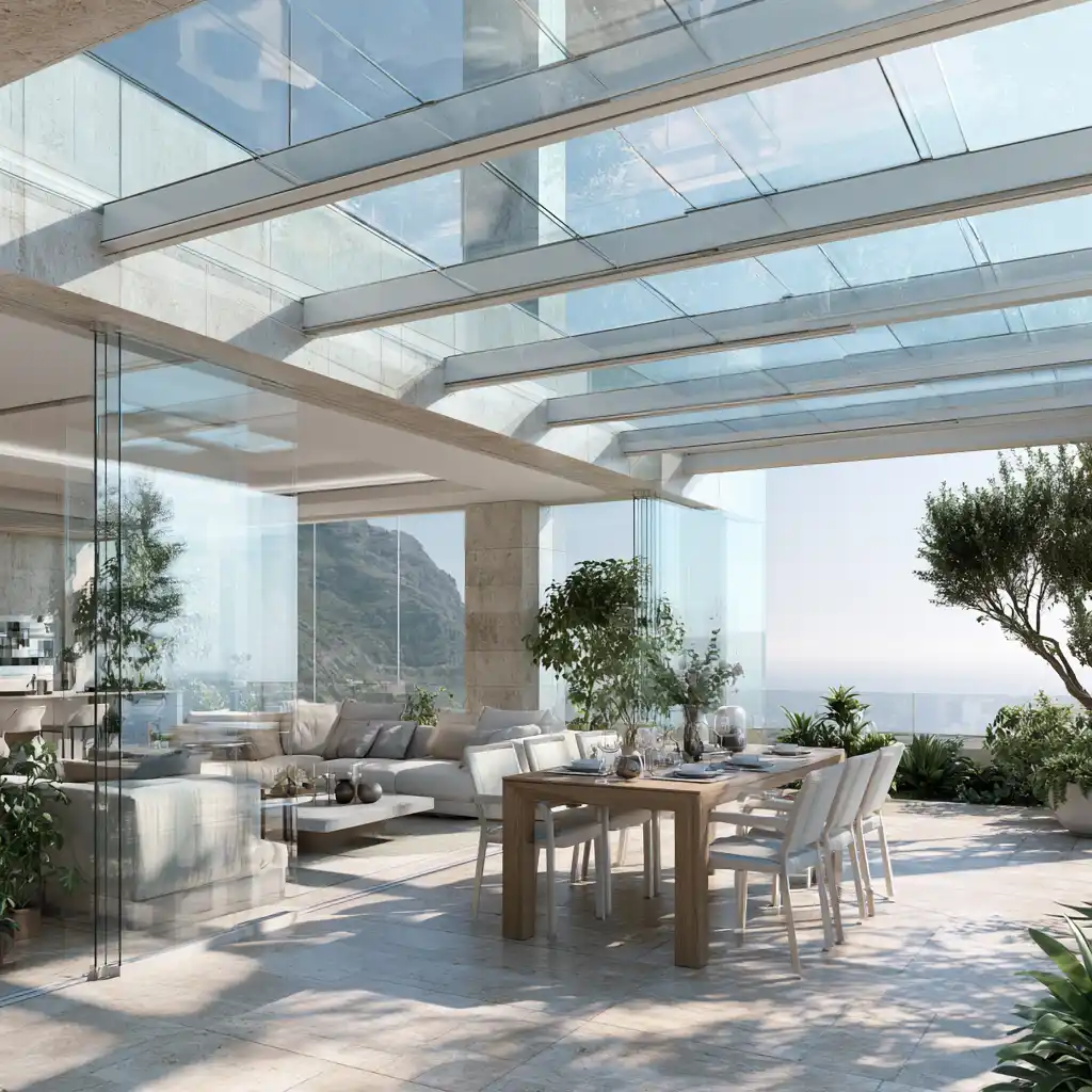 Terraza de ático con techo acristalado y cortinas de cristal en Albacete